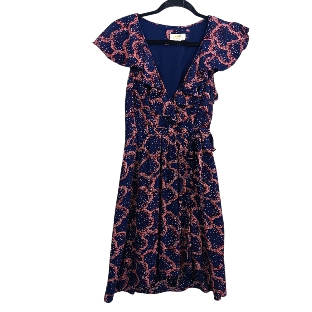 MAEVE Anthropologie Rosalia Mini Dress Women's 8 Navy Faux Wrap Ruffle Romantic